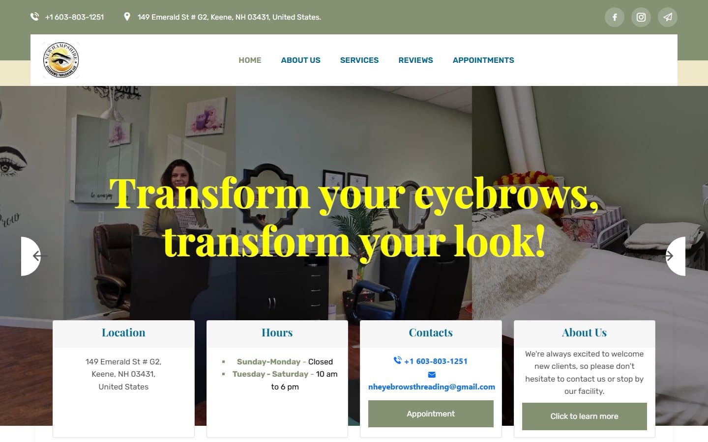 NH Eyebrow Threading salon homepage