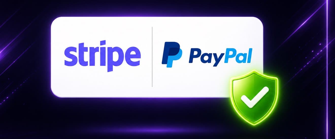 Stripe and PayPal payment options with a verified security badge