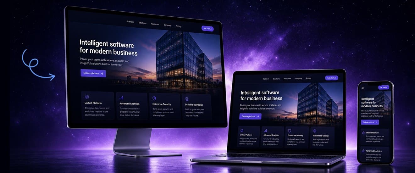 The same website shown adapting across a desktop monitor, a laptop and a phone