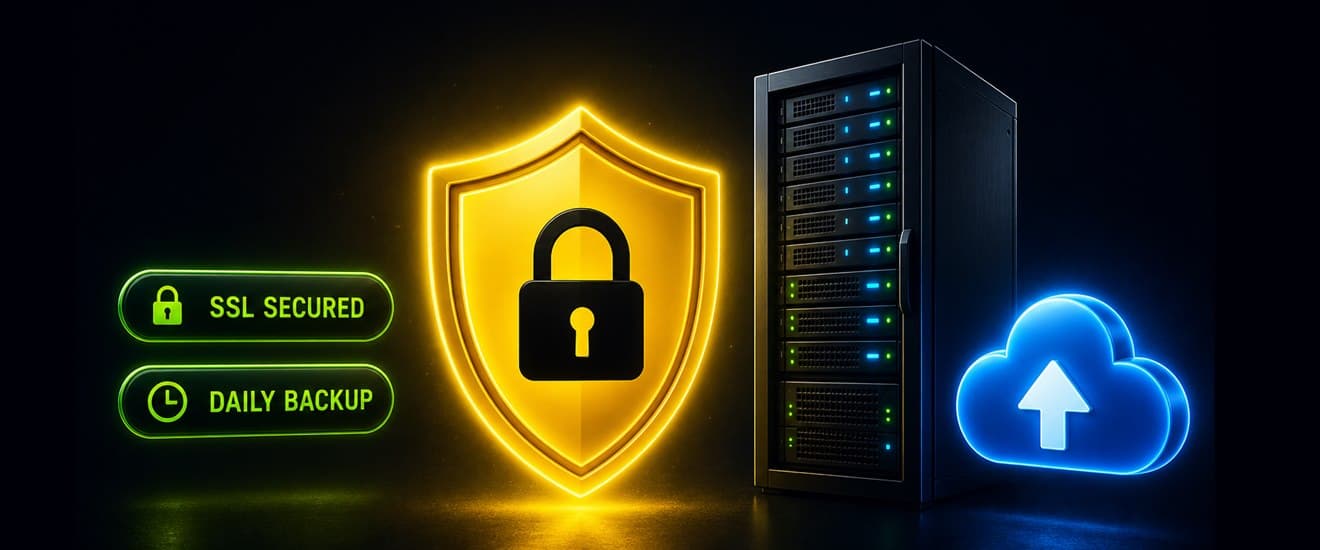 SSL secured and daily backup badges beside a padlock shield, server rack and cloud backup