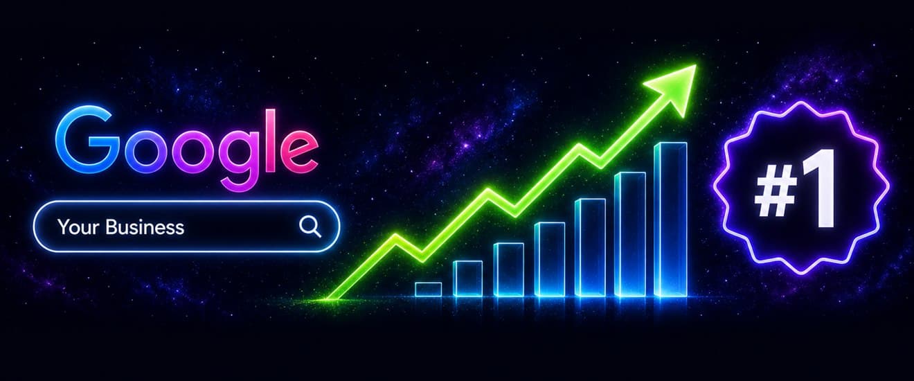 A Google search for Your Business with a rising ranking graph and a number one badge