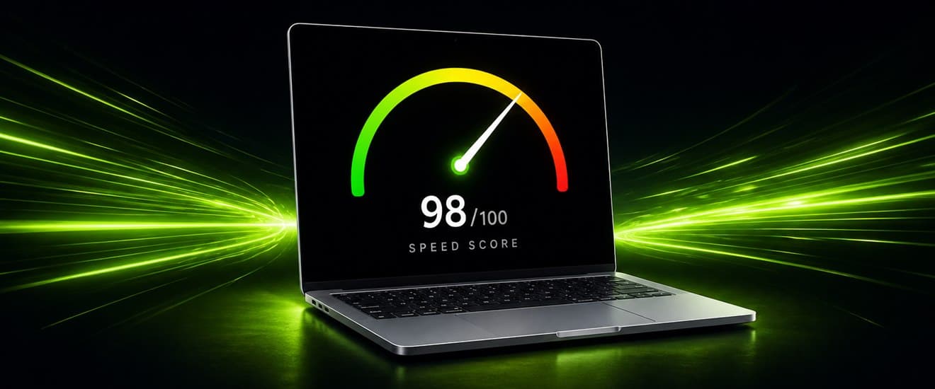 Website performance score of 98 out of 100 shown on a laptop