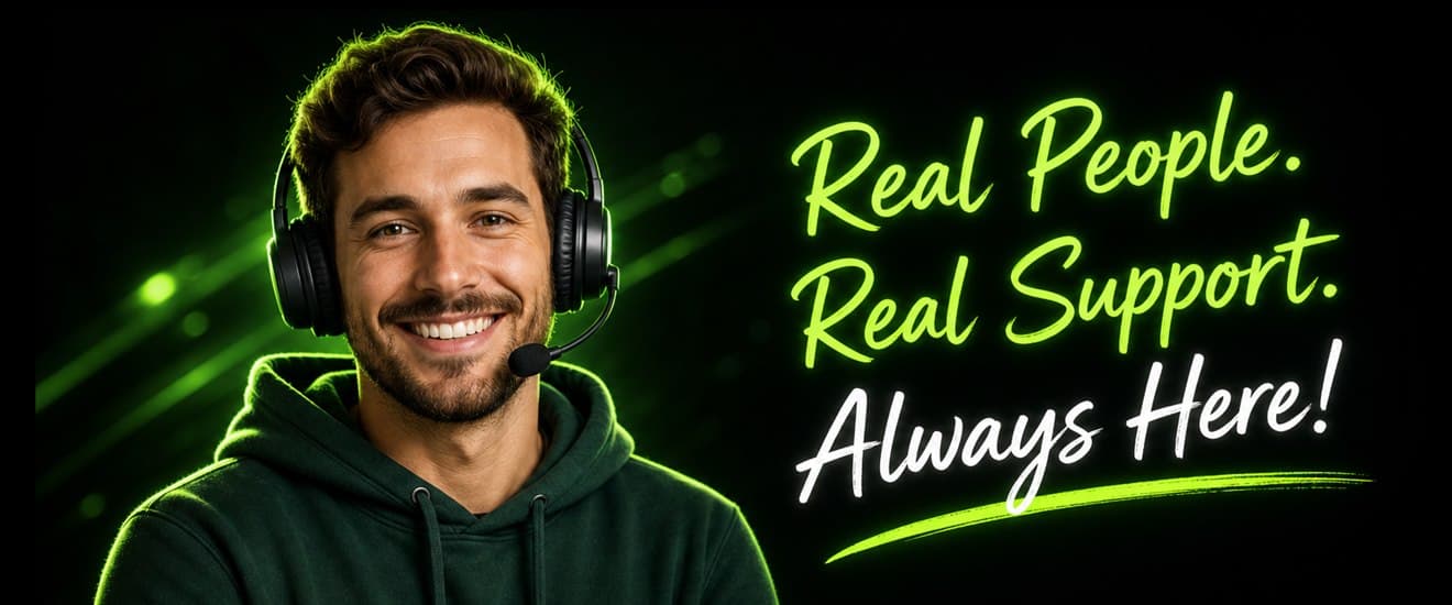 A smiling support specialist wearing a headset beside the words Real People, Real Support, Always Here
